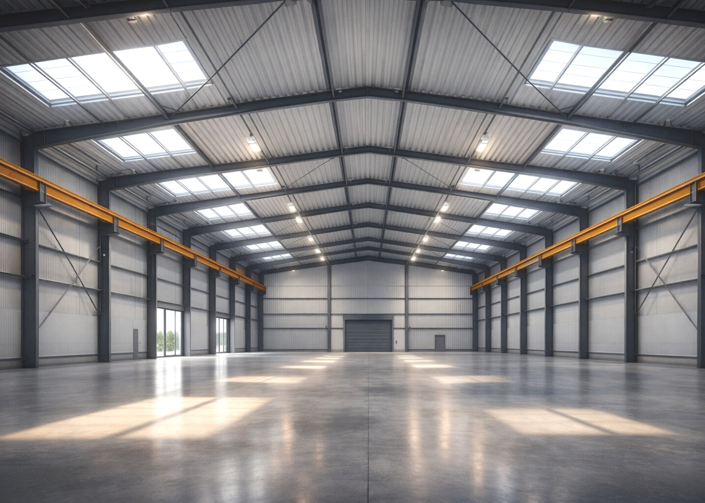 Großräumiges Loft-Büro im industriellen Stil mit offener Stahlträgerdecke, großen Glasfronten und modernen Co-Working-Arbeitsplätzen.