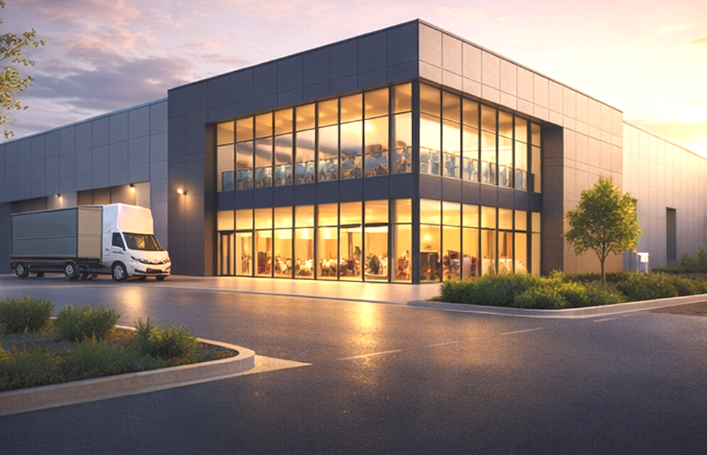 Modernes Industriegebäude mit großer beleuchteter Glasfront bei Sonnenuntergang und einem davor parkenden Lieferwagen