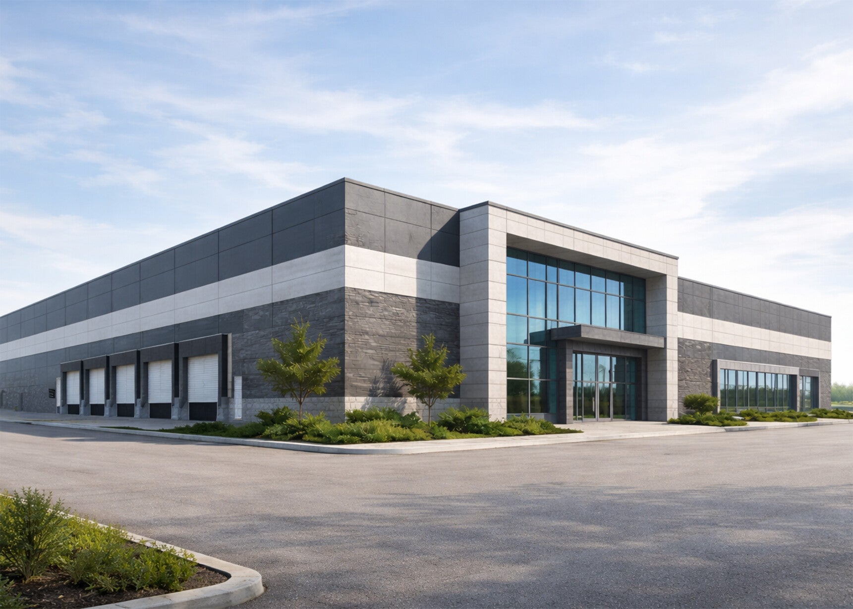 Modernes Logistikzentrum mit anthrazitfarbener Fassade, großzügigem Glaseingangsbereich und seitlich angeordneten Sektionaltoren für die Lkw-Verladung.