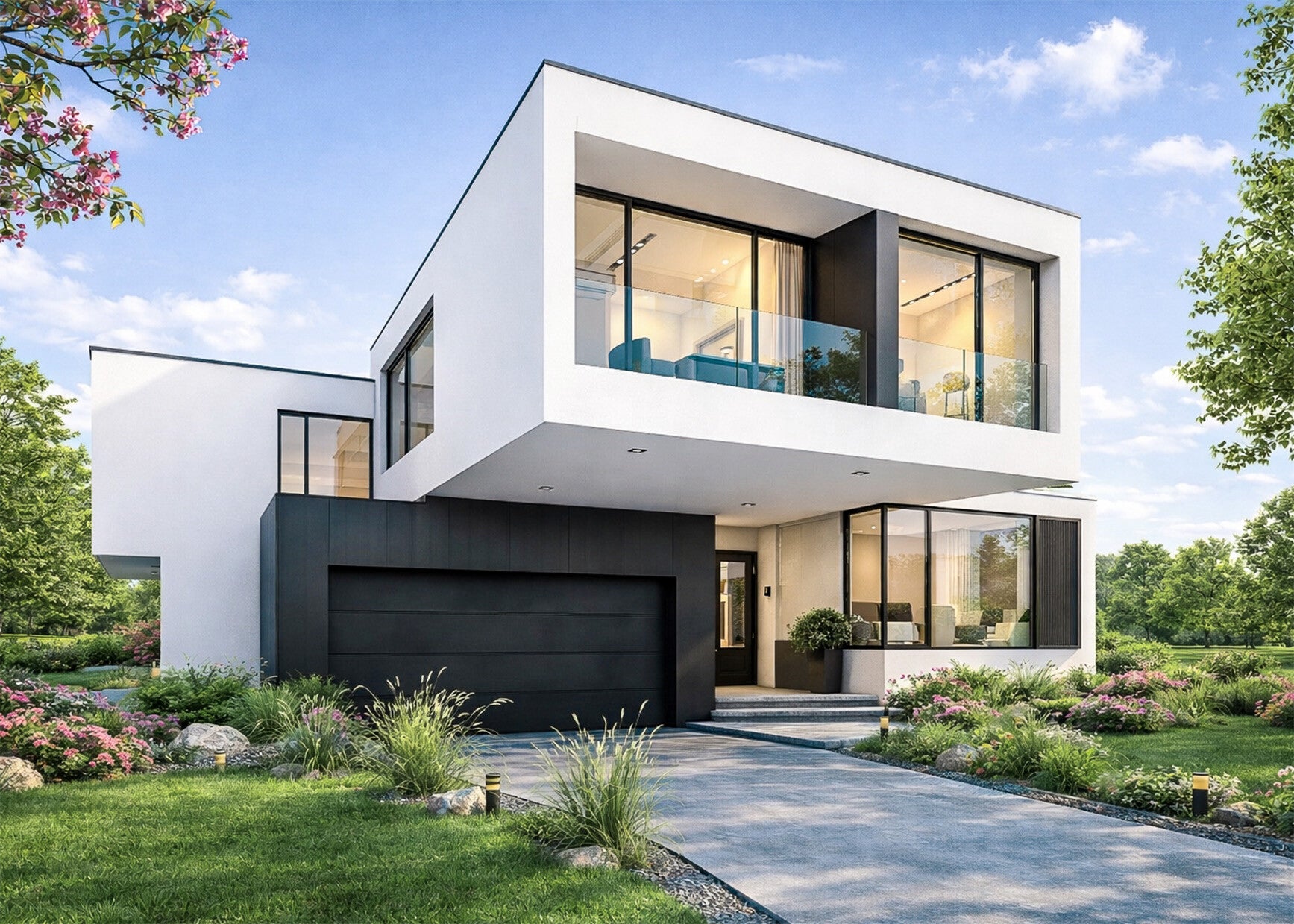 Modernes Einfamilienhaus in kubischer Architektur mit weißer Fassade, schwarzer Garage und einem weit auskragenden Obergeschoss mit Glasbalkon.