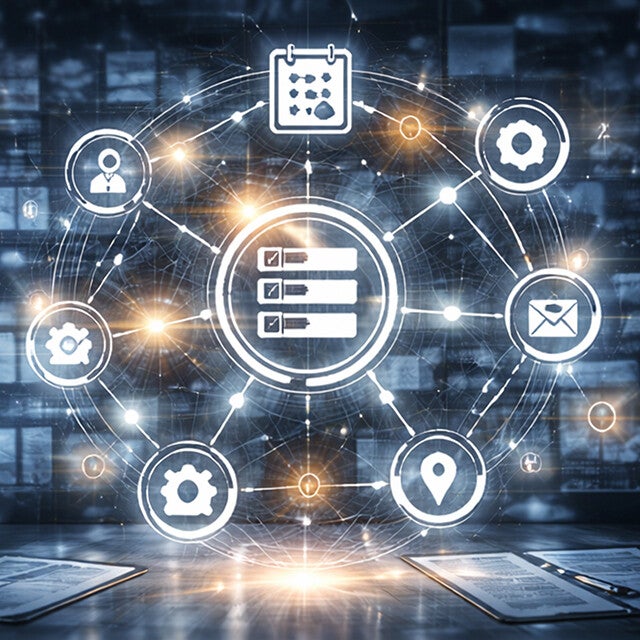 Eine digitale Netzwerk-Grafik mit verschiedenen Icons für Planung, Kommunikation und Prozesse über einem Schreibtisch mit Dokumenten.