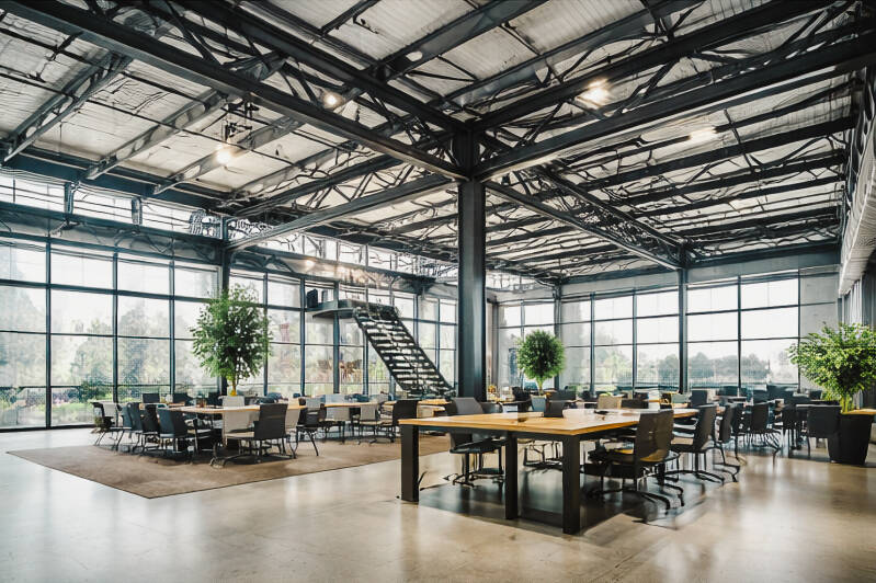 Großräumiges Loft-Büro im industriellen Stil mit offener Stahlträgerdecke, großen Glasfronten und modernen Co-Working-Arbeitsplätzen.