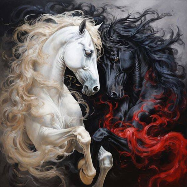 2 Pferde - schwarz und weiß 80x80cm
