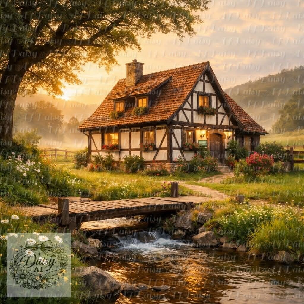 Das Haus am Bach 80x80cm