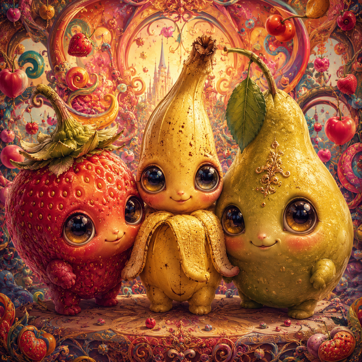 Erdbeere, Banane und Birne 60x60cm