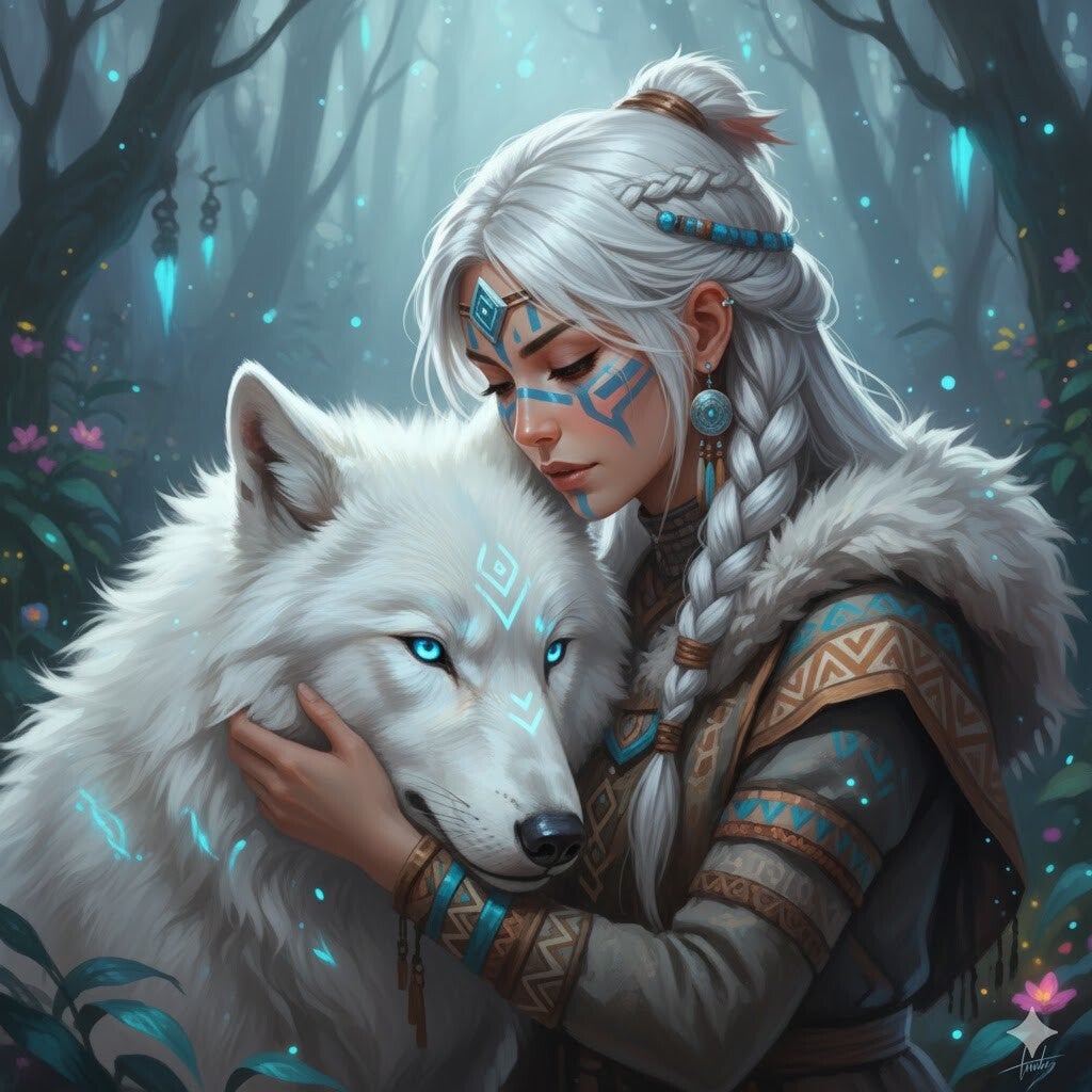 Kriegerin mit Wolf 60x60cm