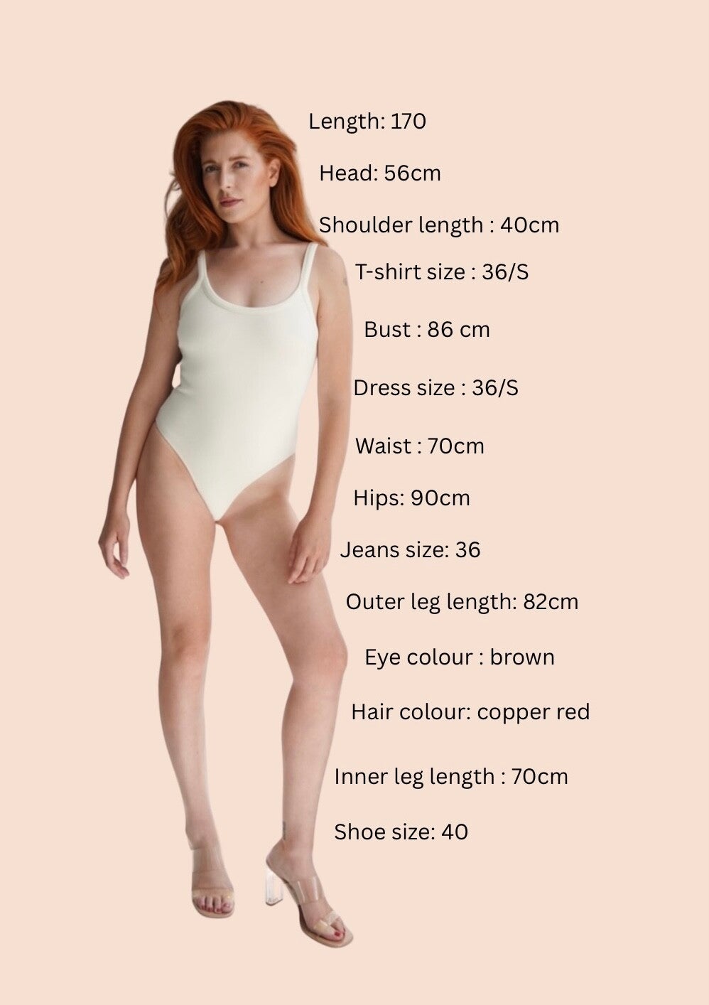 A professional full-body portrait of a woman with red hair, wearing a white bodysuit and high heels, against a light pink background, with detailed measurements and specifications listed on the right.