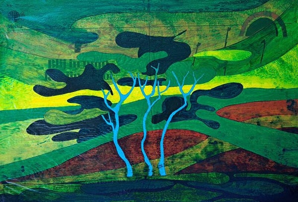 Op pagina van de krant: 'Drie blauwe bomen' deel 1