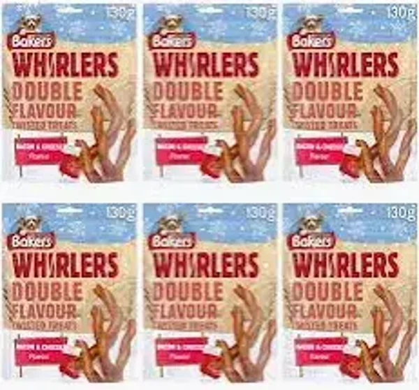 Bakers Bacon & Cheese Whirlers Dog Treats 130g x 6. (C-BAK10)