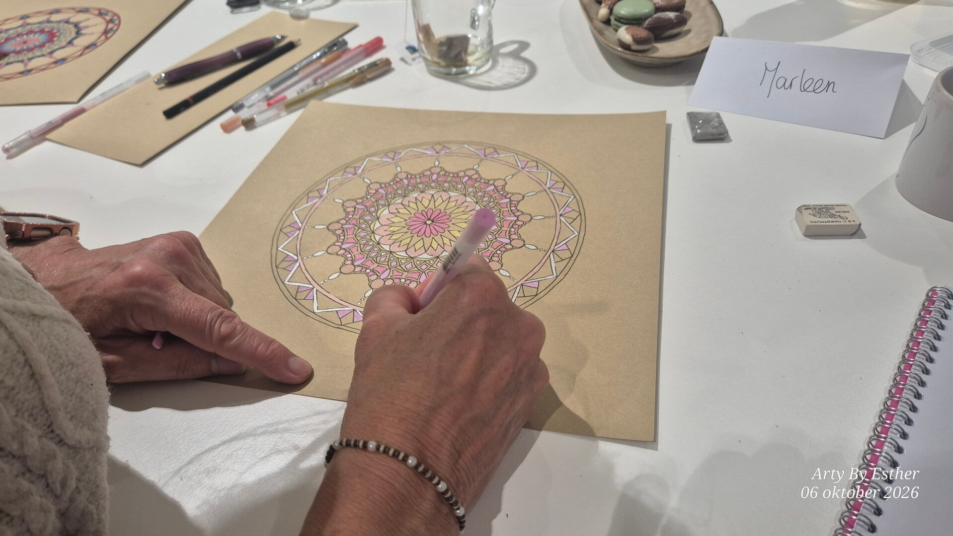 participants working during creative mandala workshop Zierikzee - hands drawing mandala