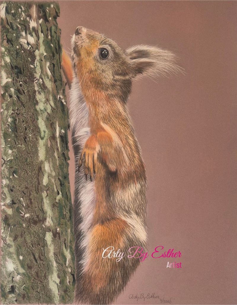 Original soft pastel portrait of a squirrel climbing a tree with bright, expressive eyes.