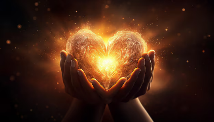Hands holding a glowing heart