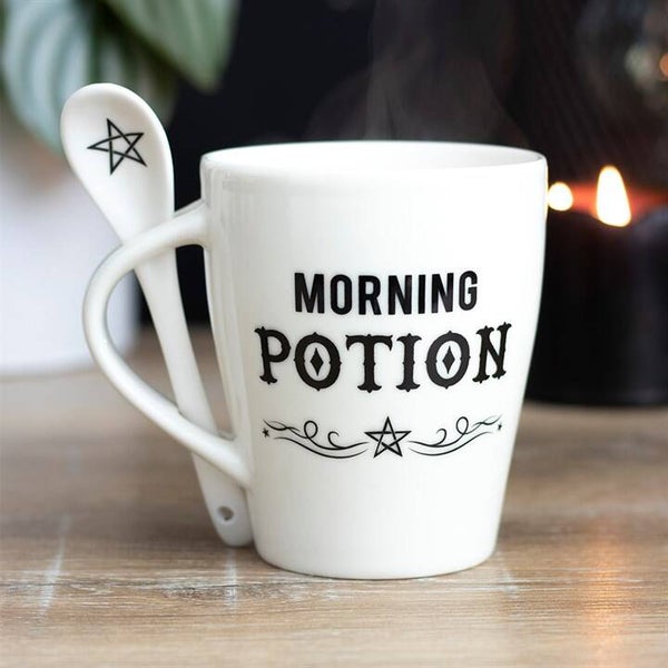 Taza Blanca con Cuchara y Mensaje "Morning Potion"
