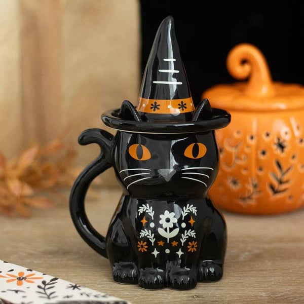 Taza Gato Negro con Tapa de Sombrero de Bruja