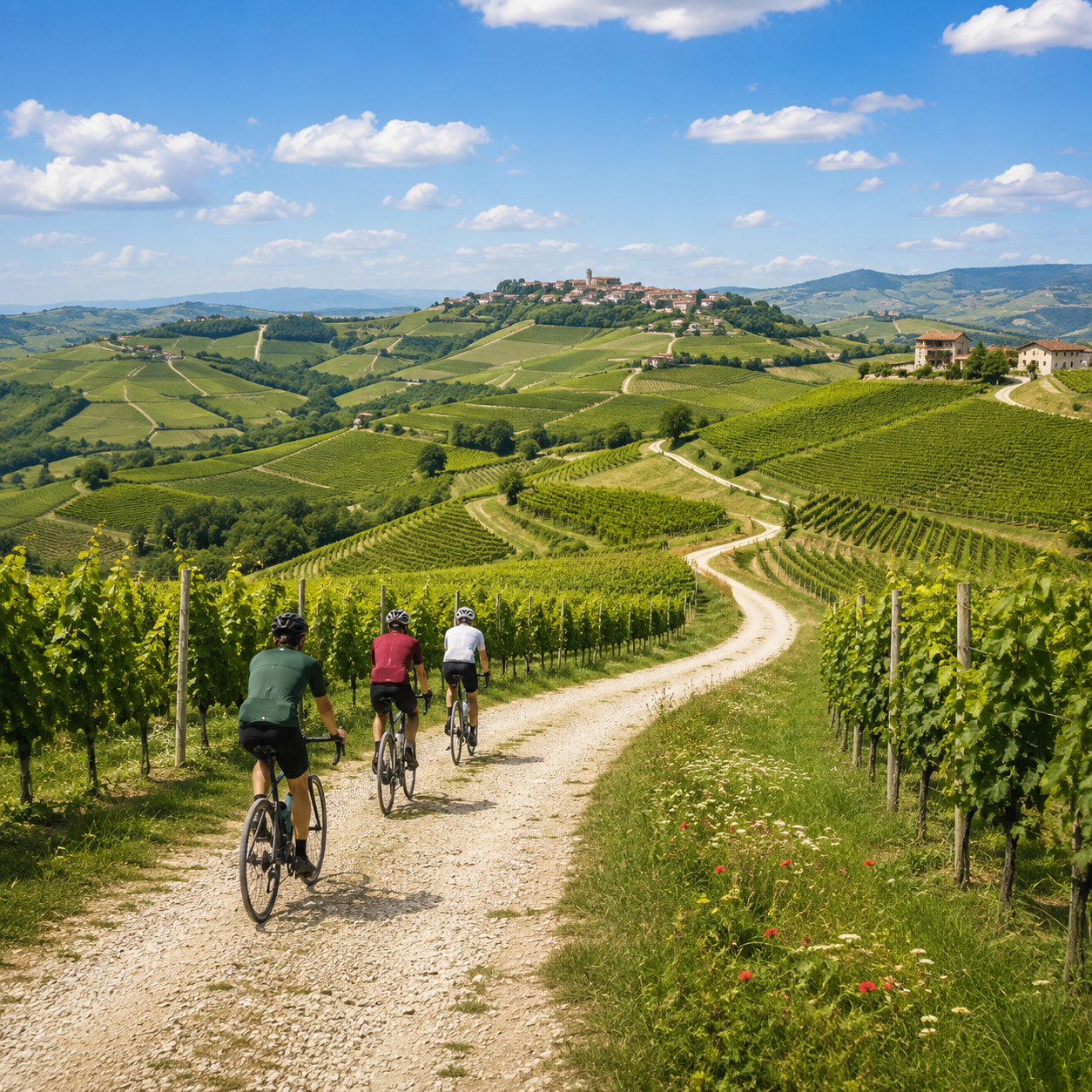 Ciclisti lungo una strada tra i vigneti delle Langhe.