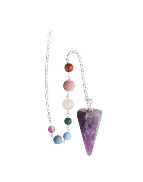 Péndulo Facetado de Amatista con Chakras en Baño de Plata (FAC35)