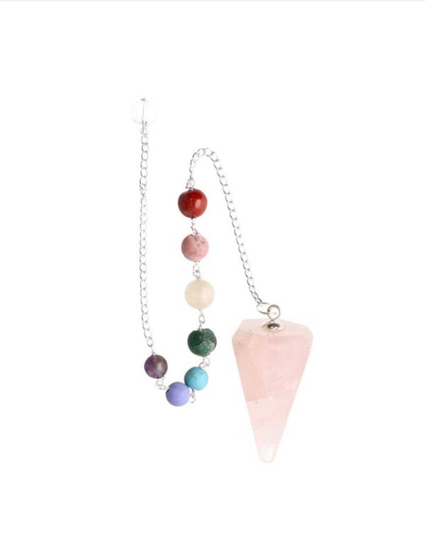 Péndulo Facetado de Cuarzo Rosa con Chakras en Baño de Plata (FAC33)