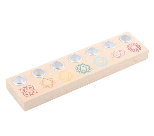 PORTAVELAS DE MADERA «LOS SIETE CHAKRAS»
