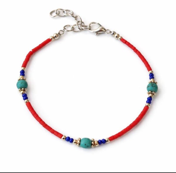Pulsera Nepalés de Gemas Extra Finas - Cuentas de Coral Rosa y Turquesa
