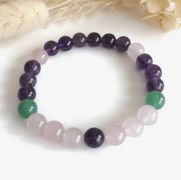 Pulsera Amatista, Aventurina Verde y Cuarzo Rosa