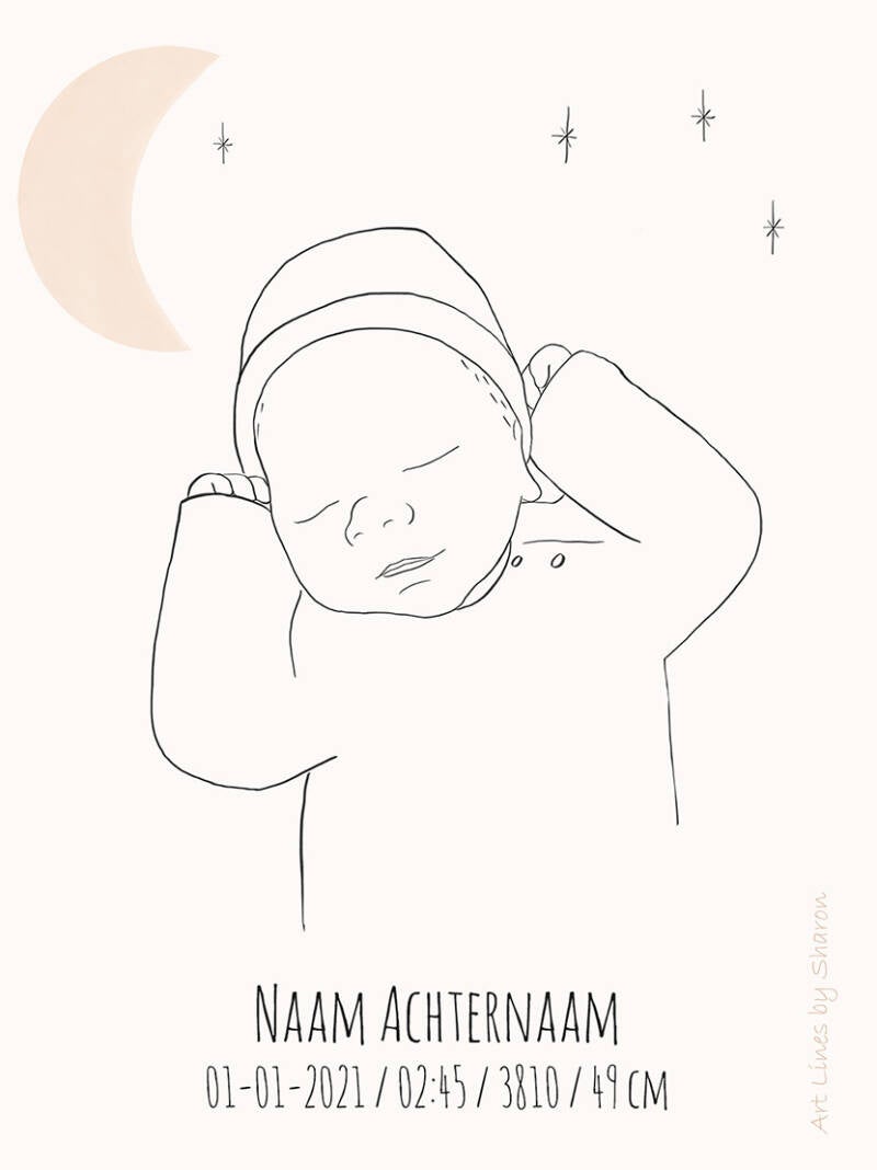 Geboorteposter lijntekening van foto newborn