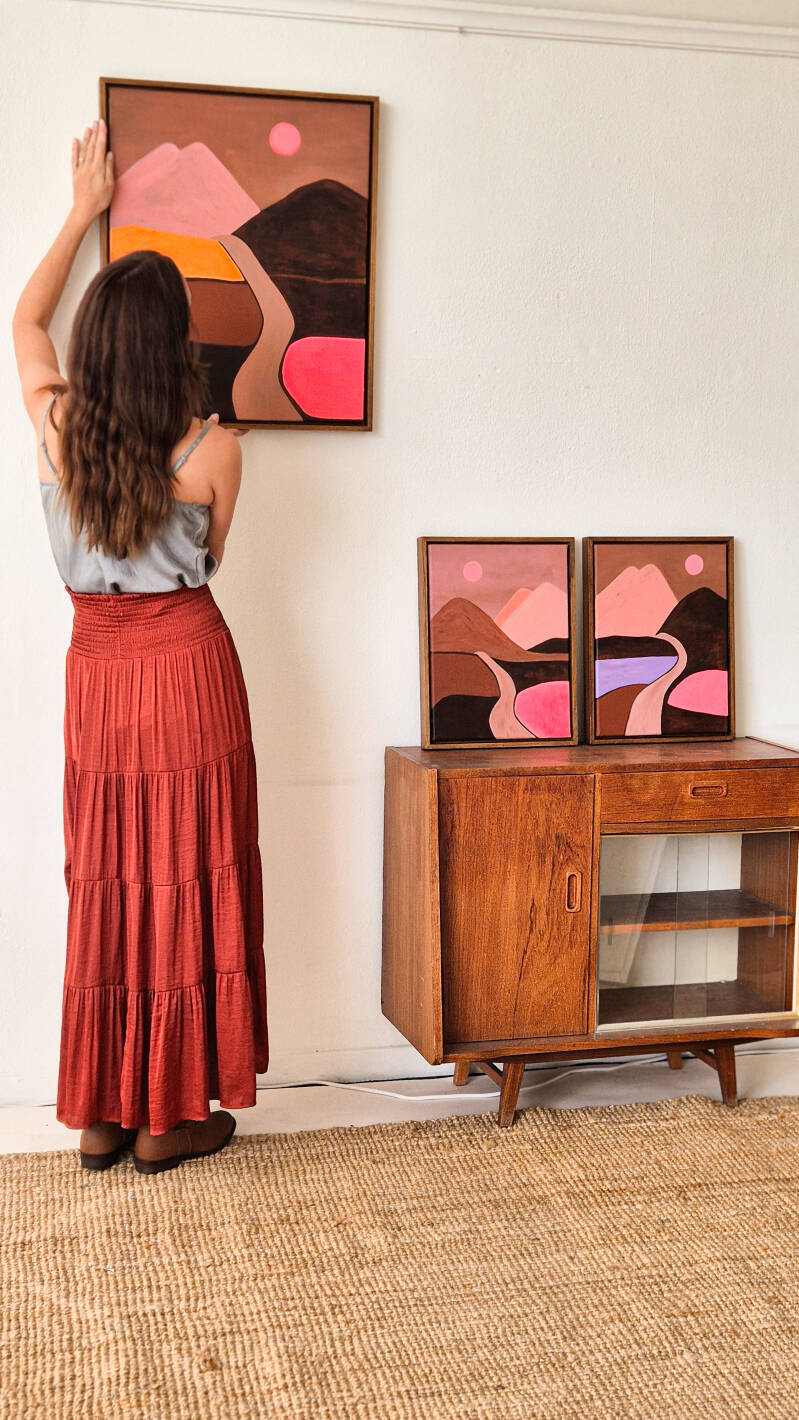 Gekleurde landschappen met veel roze. Abstracte kunst van Nederlandse artiest