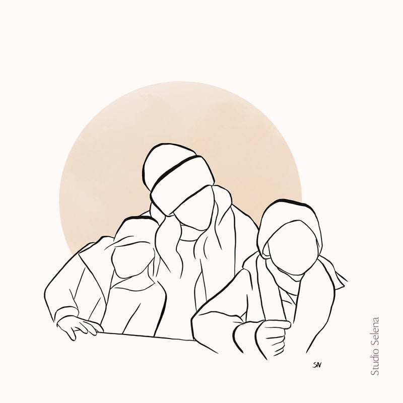 Lijntekening moeder en kinderen. Portrettekening van foto