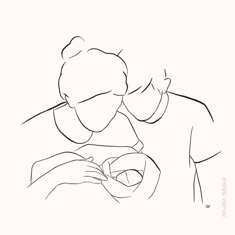 Portrettekening sterrenkindje lijntekening van foto. Vader moeder en kind