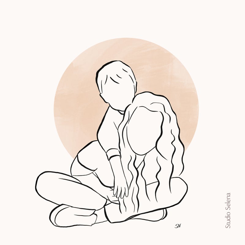 Lijntekening van foto. Moeder en kind