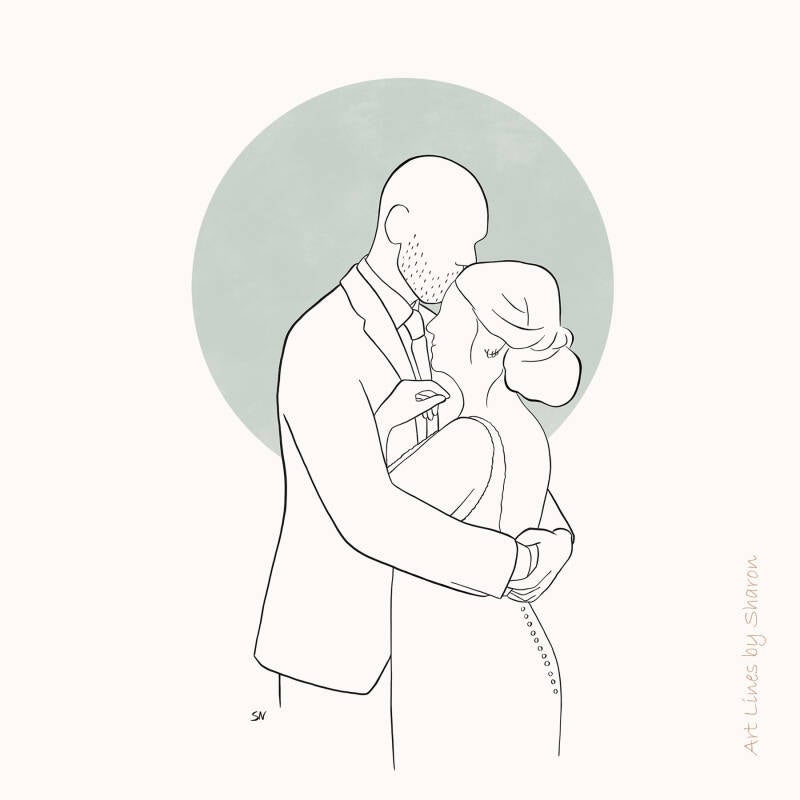 Lijntekenig bruiloft. Bruid en bruidegom portrettekening met groene achtergrond