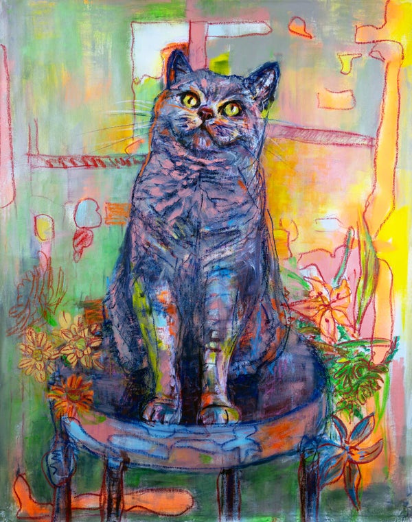 Schilderij van een kat, Britse Korthaar blauwgrijs