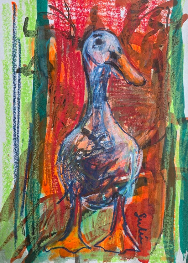 Schilderij van een loopeend, kwebbel