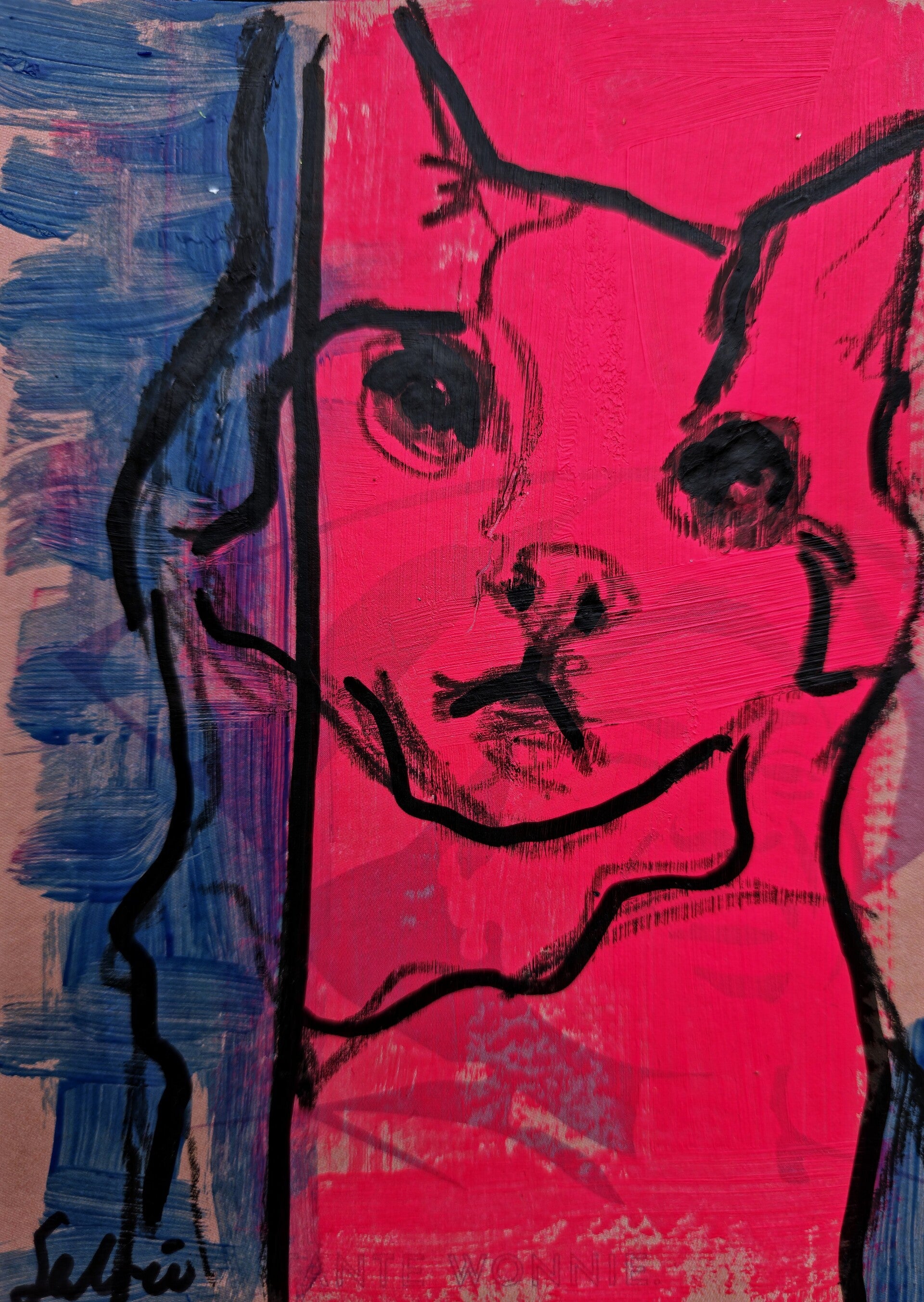 Schilderij kat roze portret