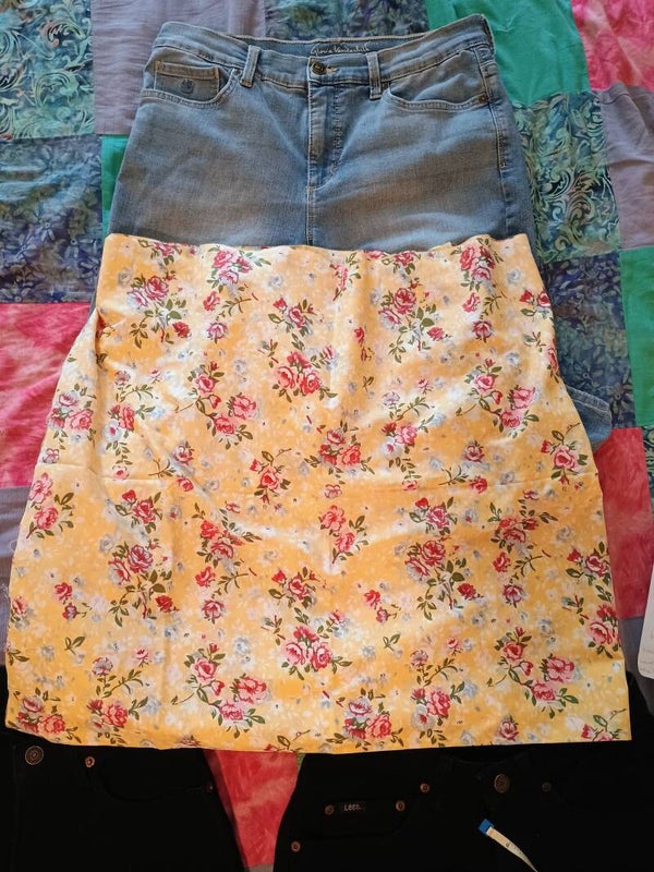 Example. Actual to come! Size 8 Light blue denim, with yellow fabric and flowers