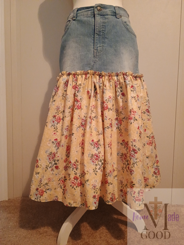 Size 10 Light Blue Denim Jeans, with Yellow Fabric and Roses Upcycle Skirt