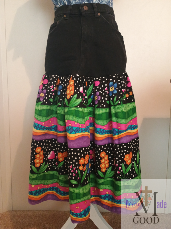 Size 8(?) Black Lee Jeans with Smiling Flowers Upcycle Skirt