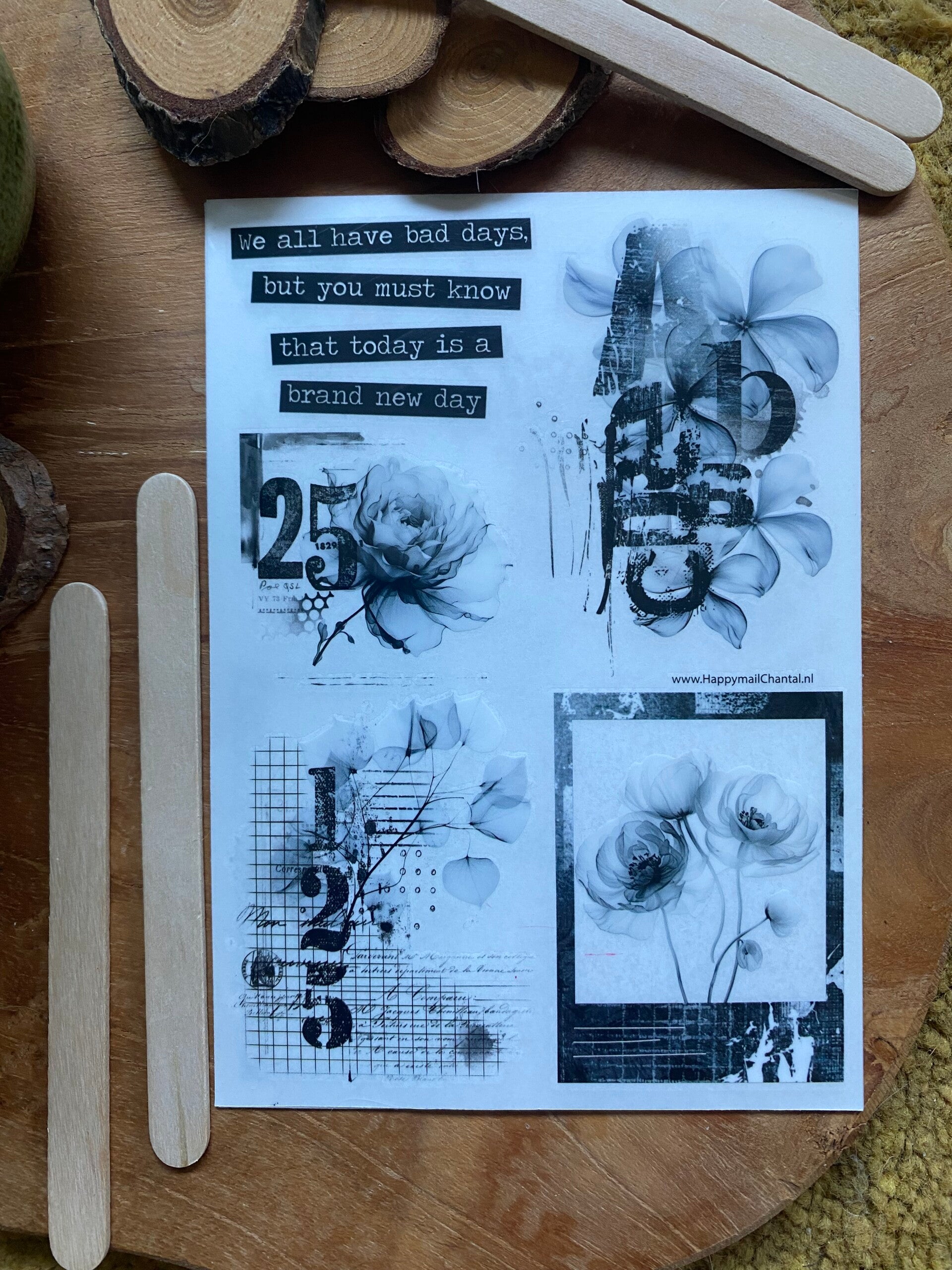 RUB-ON STICKERS - Black & White - Brand new day - A6 formaat