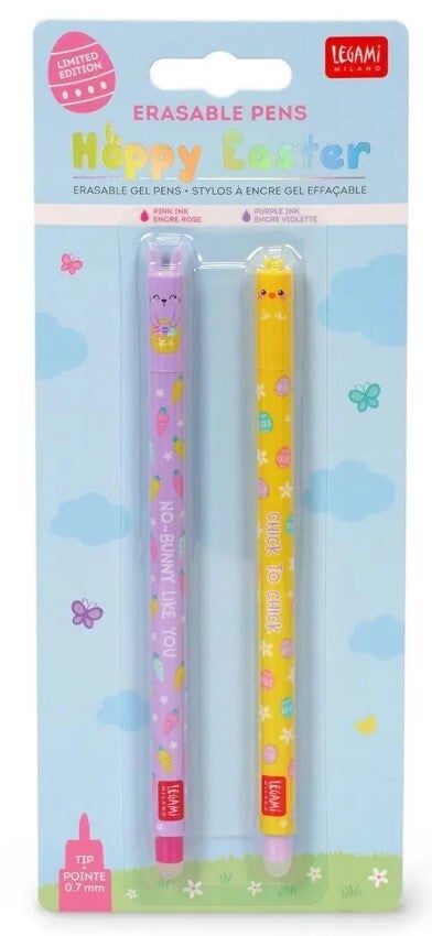 Set de 2 stylos encre effaçable - Legami - Hoppy Easter - Design Pâques - Encre thermosensible - Pointe 0,7 mm