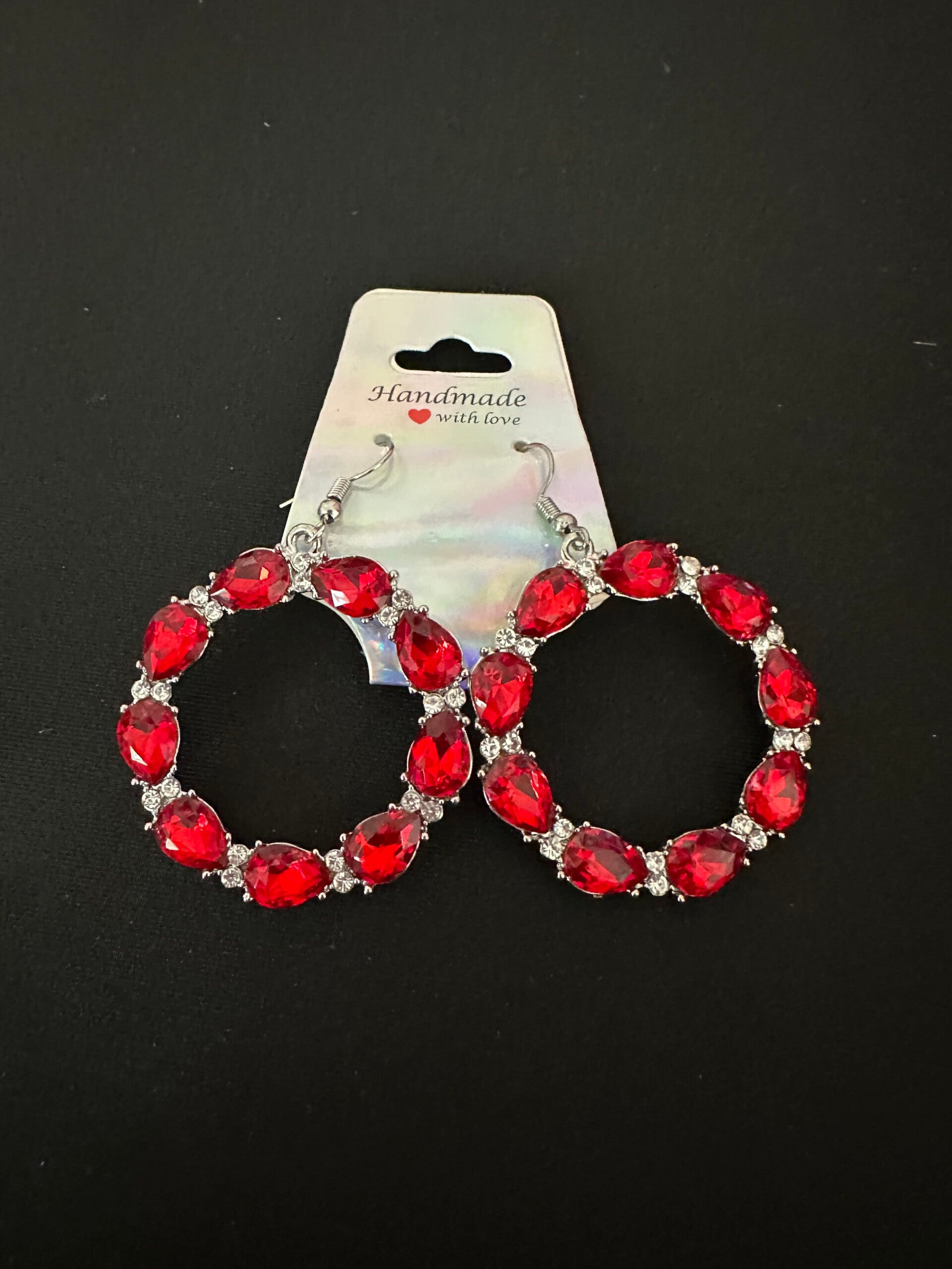 Ruby Red and Clear Hoop Earrings