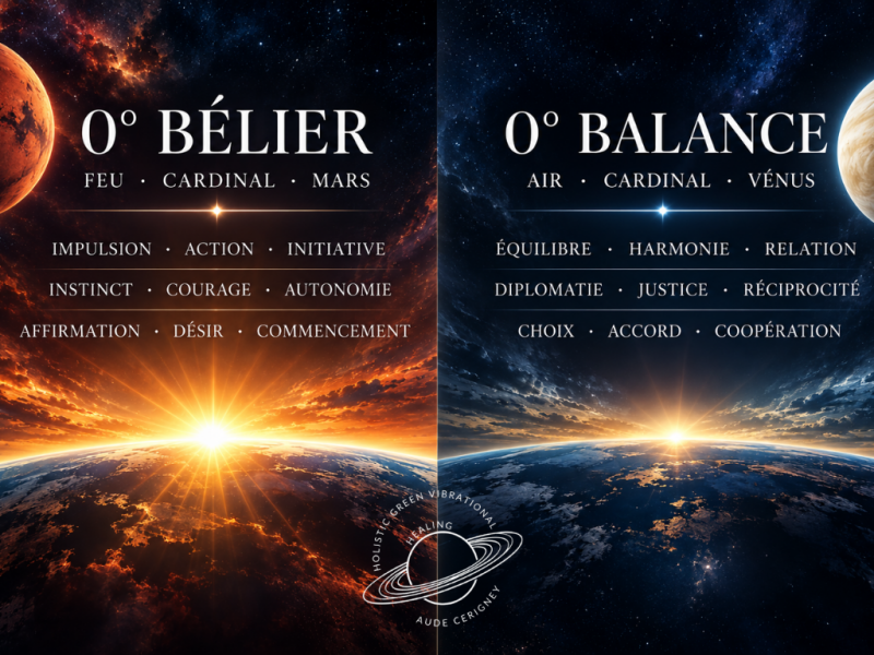 0° Bélier et 0° Balance : les deux points opposés de l’axe astrologique des Équinoxes. © Holistic Green Vibrational Healing 2026.