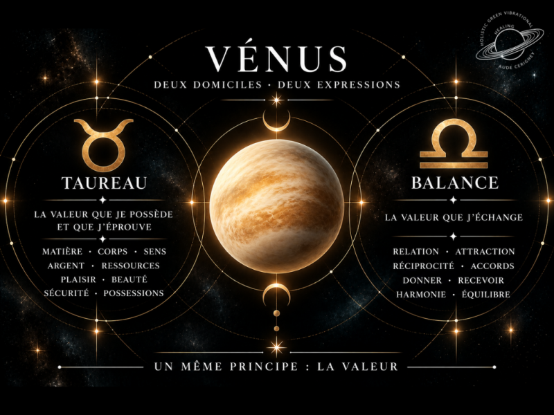 Vénus, maîtresse du Taureau © 2026 Aude Cerigney — Holistic Green Vibrational Healing.et de la Balance : deux expressions d’un même principe astrologique, la valeur.