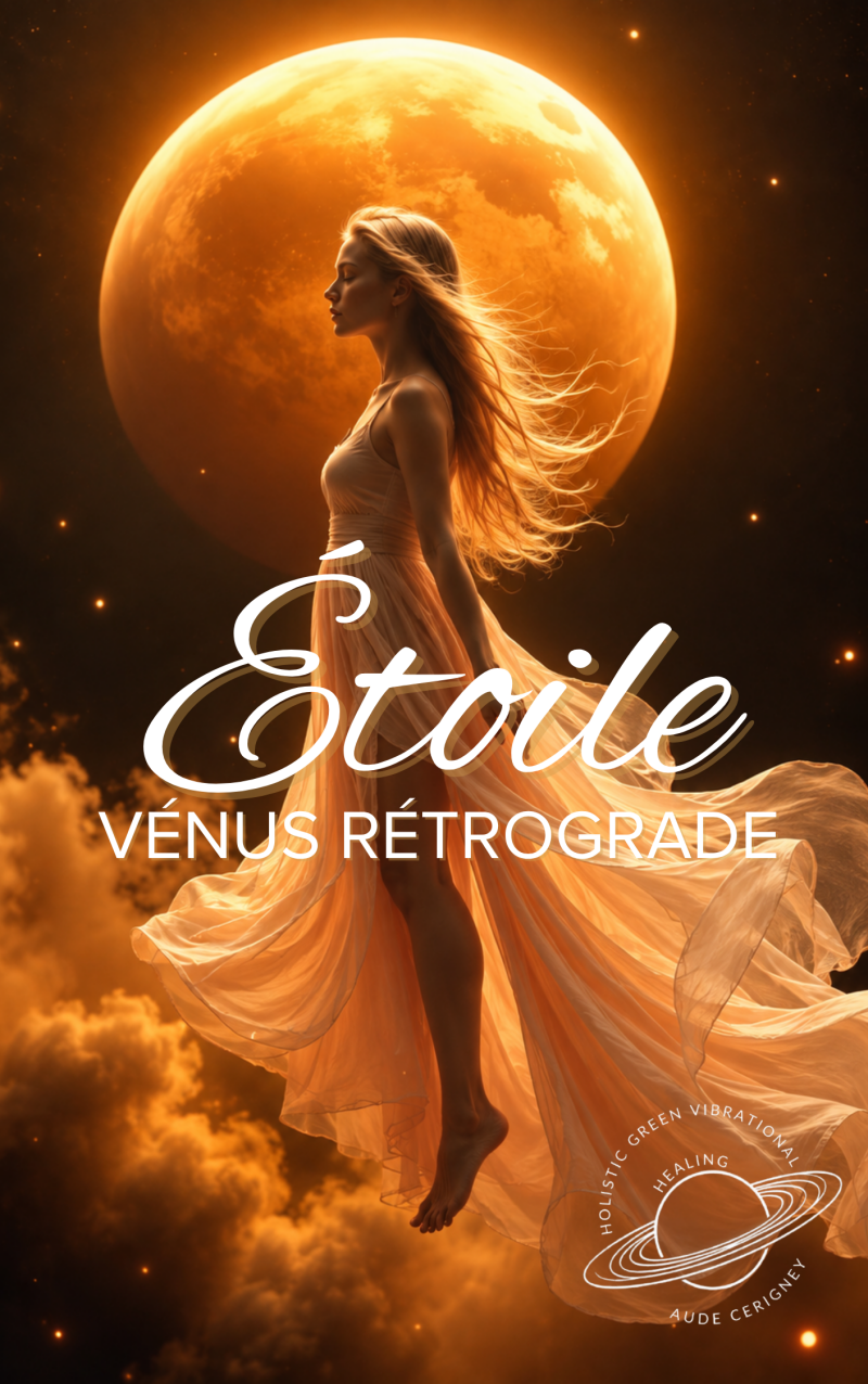 Visuel du rituel ÉTOILE pour Vénus rétrograde 2026, représentant une femme devant Vénus dans un ciel cosmique doré. Rituel de libération énergétique créé par Aude Cerigney.