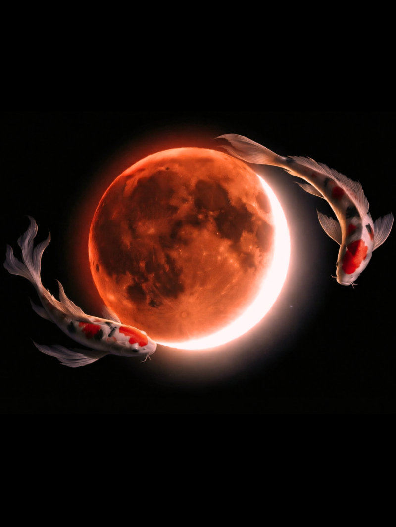 Éclipse lunaire partielle du 28 août 2026 : Lune rouge cuivré à 93% entourée de deux poissons koïs sur fond noir © Holistic Green Vibrational Healing 2026