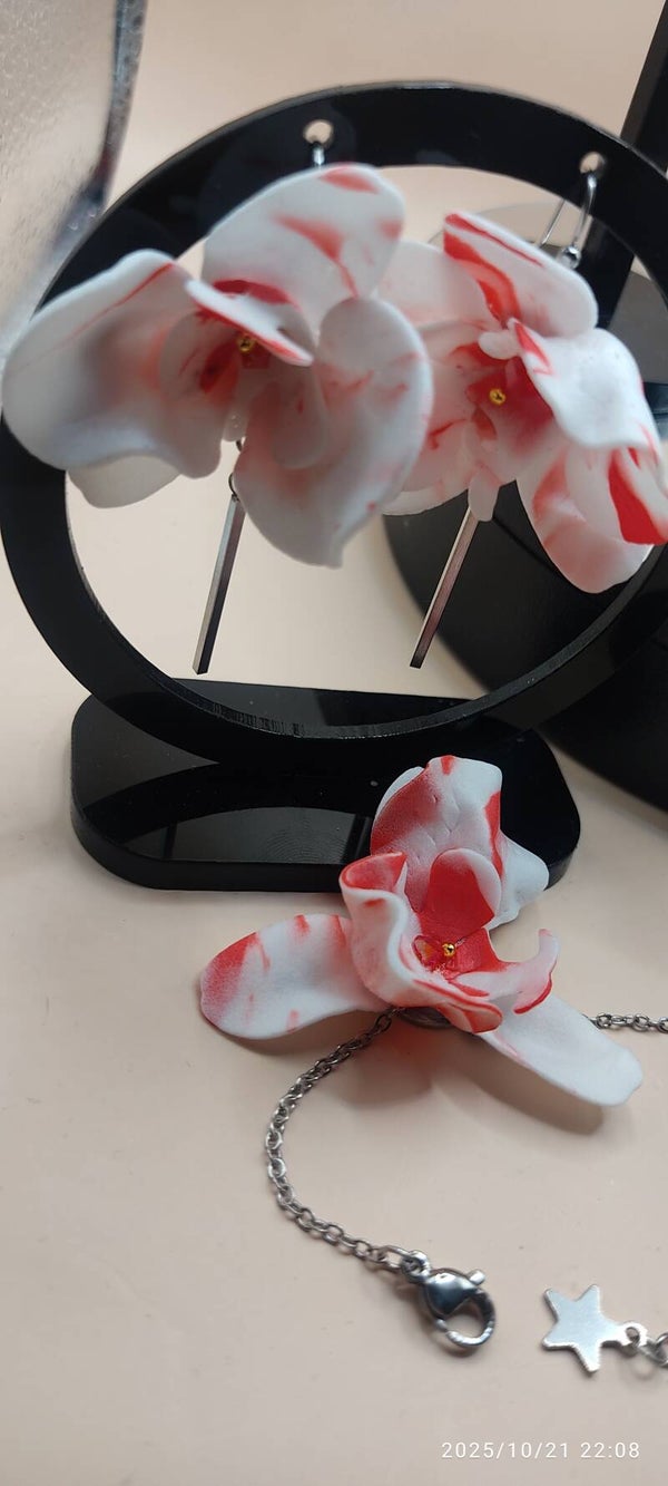 Kolczyki i bransoletka Orchidea biało - czerwona