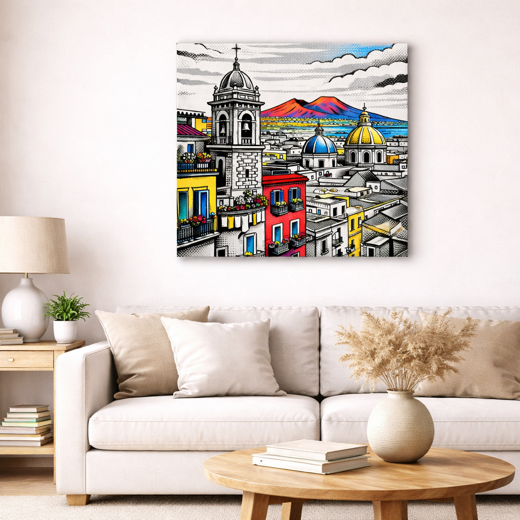 Stampa su tela URBAN NAPOLI stilizzata con Vesuvio e cupole
