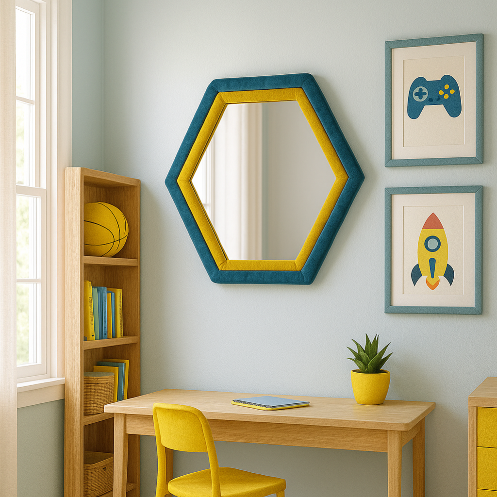 Specchiera esagonale da muro SIX in velluto blu e giallo