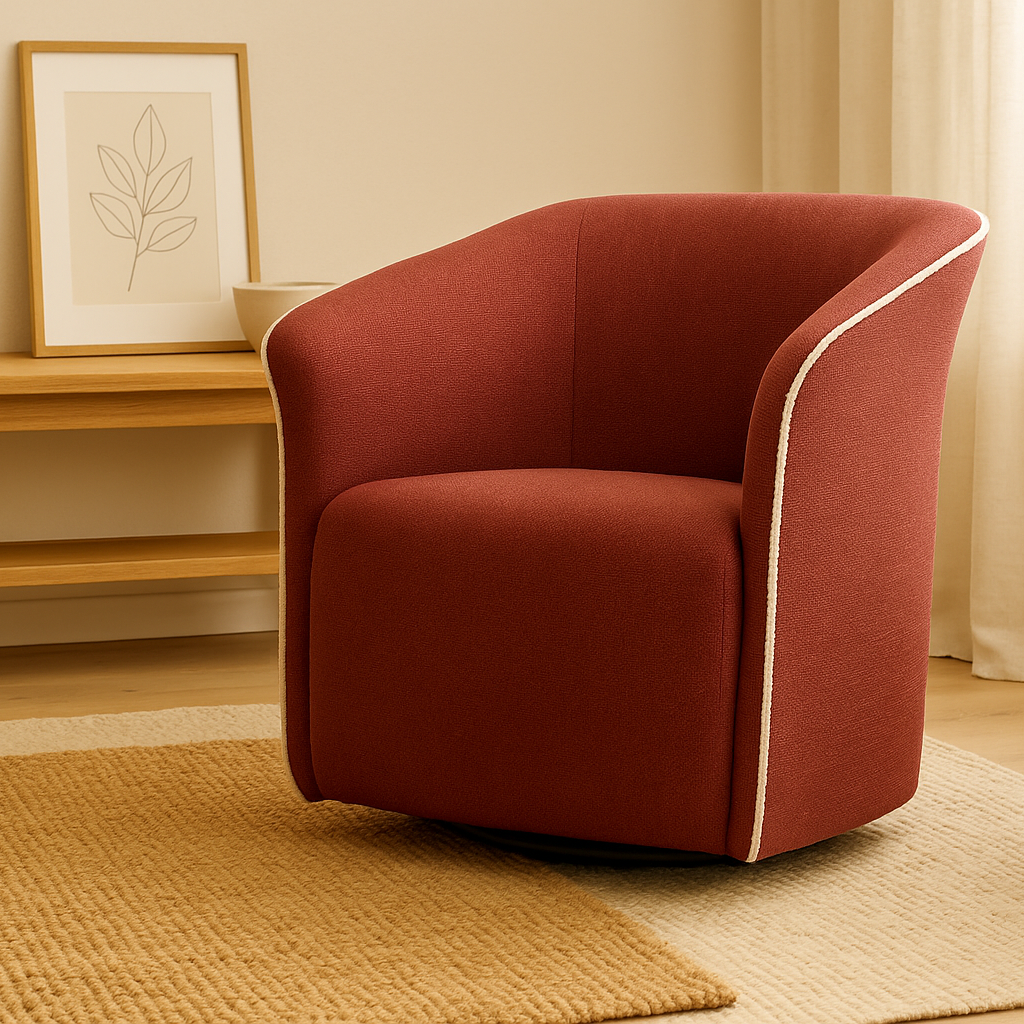 Poltrona girevole in tessuto bordeaux con bordino bianco
