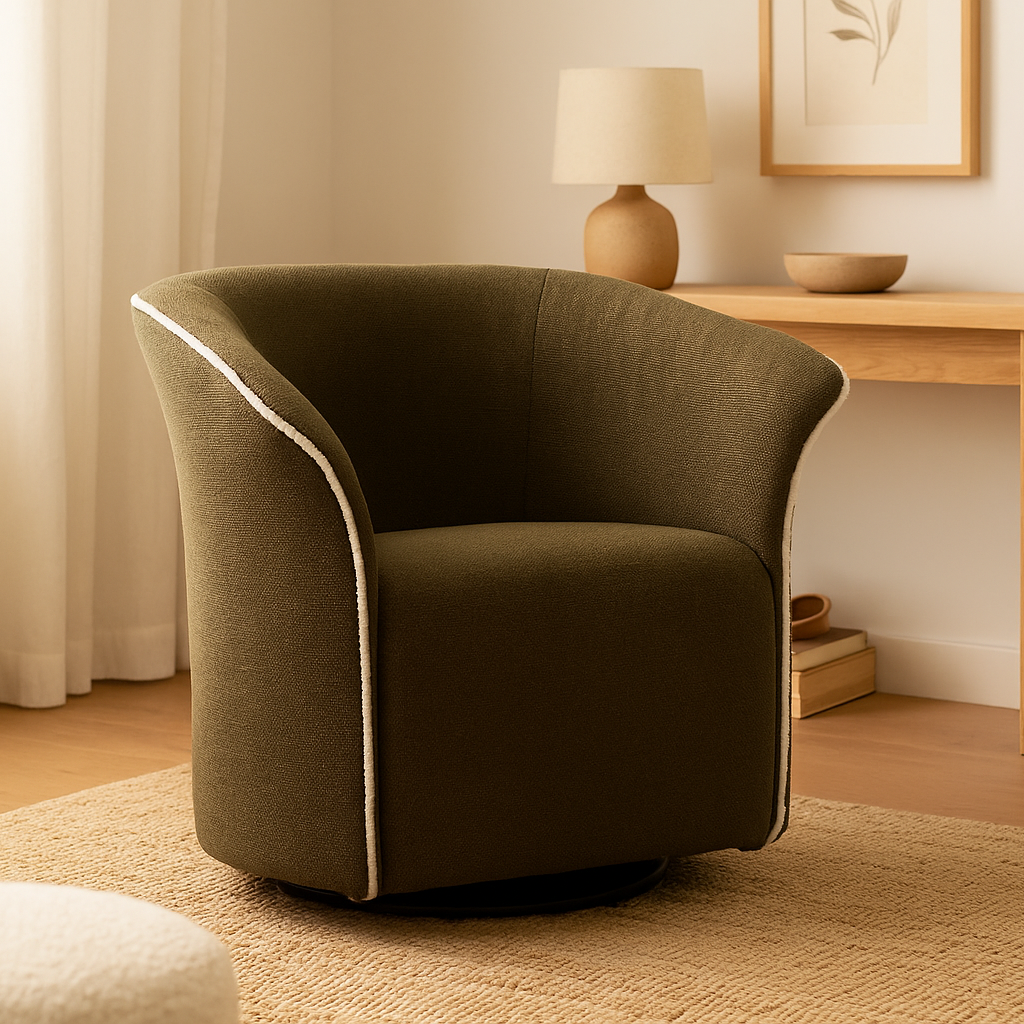 Poltrona girevole in tessuto verde con bordino bianco
