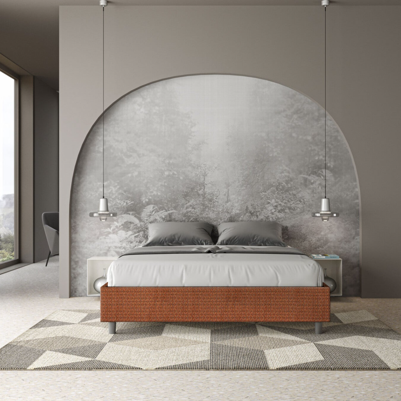 Letto matrimoniale contenitore sommier  in tessuto arancio