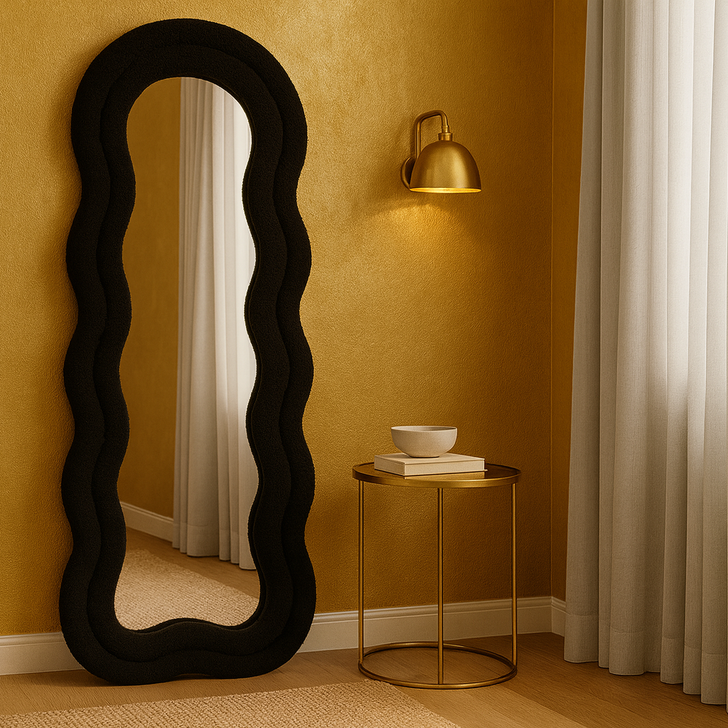 Specchiera da terra BLACK WAVE in tessuto bouclè nero
